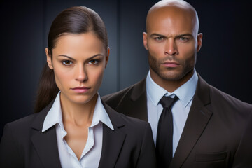 portrait of mixed races business people together on dark background. businessman and businesswoman