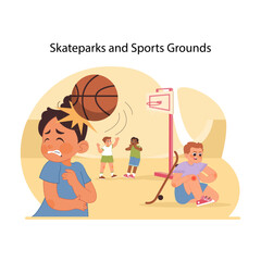 Playground safety lesson. Young girl grimacing in pain from basketball impact, while boy examines injury from riding skateboard in background. Sports safety for children. Flat vector illustration