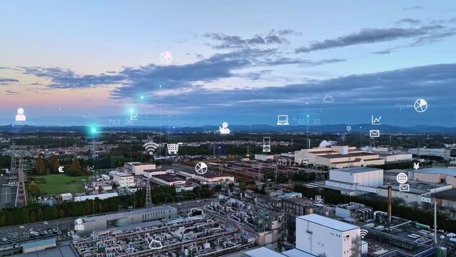 Modern industrial area aerial view and communication network concept. Factory automation.