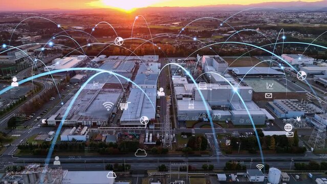 Modern industrial area aerial view and communication network concept. Factory automation.