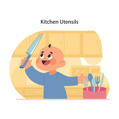 Cutlery safety awareness. Happy toddler playfully and curiously wielding kitchen knife, unaware of potential danger it poses. Preventing injuries and accidents with kids. Flat vector illustration