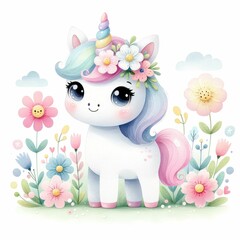 Cute Unicorn Watercolor illustration pastel and candy colors for girls princess poster. Set of magical cartoon unicorns isolated on white background