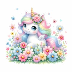 Cute Unicorn Watercolor illustration pastel and candy colors for girls princess poster. Set of magical cartoon unicorns isolated on white background