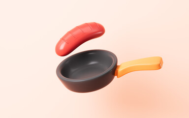 Cartoon sausage and pot, 3d rendering.
