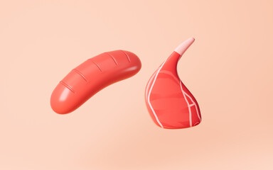 Cartoon sausage and lamb chop, 3d rendering.