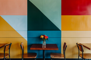 Dinning table in colorful Mid century interior room design for cafe shop