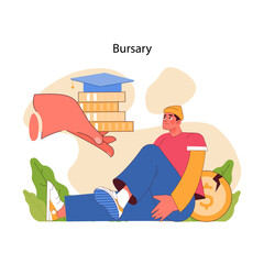 Bursary concept. Poor young man contemplates a financial bursary, symbolic of need-based educational aid. Help to get higher education for vulnerable groups of people. Flat vector illustration