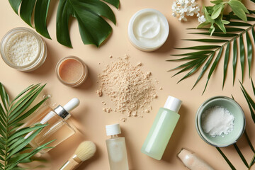Flat lay composition with natural organic cosmetic products on beige background