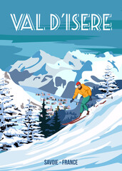 Travel poster Ski Val d'Isere resort vintage. France winter landscape travel card - obrazy, fototapety, plakaty