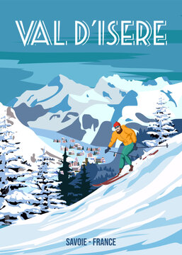 Travel poster Ski Val d'Isere resort vintage. France winter landscape travel card