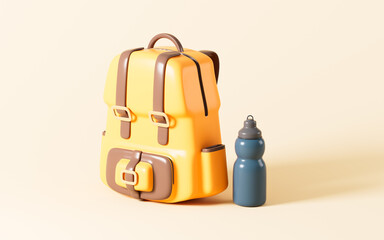 Cartoon hiking bag and insulated mug in the yellow background, 3d rendering.
