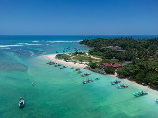 Aerial view of famous beach of the south coast of Sri Lanka, area near the town of Weligama. High quality photo