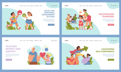 Child development set. Kids participating in various educational activities. Stages of emotional growth and social learning. Interactive play, empathy, confidence building. Flat vector illustration