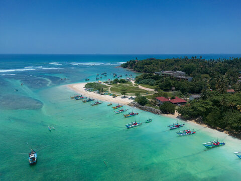 Aerial view of famous beach of the south coast of Sri Lanka, area near the town of Weligama. High quality photo