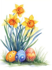 watercolor image of easter eggs with daffodils flowers isolated on white background.