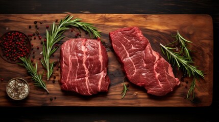 Top view flat lay two slices of beef raw ribeye on a wooden board.
