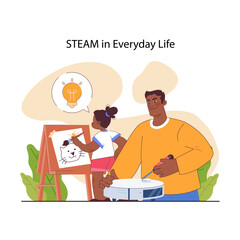 STEAM education. Schoolers gaining knowledge about technologies, science, mathematics and art. Diverse kids learning programming and engineering. Flat vector illustration