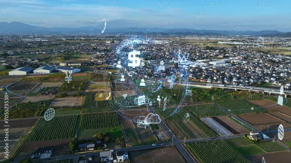 Poster modern agricultural area aerial view and communication network concept. iot (internet of things). sm