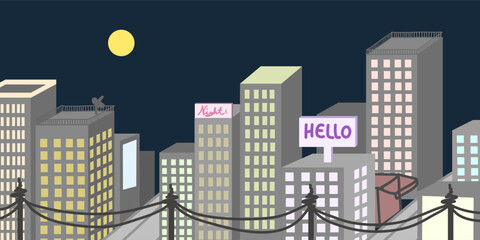 City center landscape full of buildings at night. Vector illustration of many buildings with dark blue sky background, electric poles, signs, moon, road.