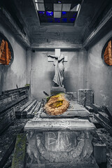 Thea abandoned rotten morgue with coffins.