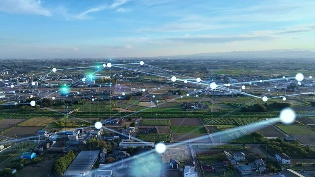 Modern agricultural area aerial view and communication network concept. IoT (Internet of Things). Smart city. Digital transformation.