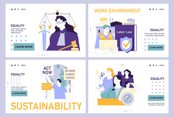 Social equity web or landing set. Civil society teamwork, environmental activism, and community engagement for better future and equal opportunities. Diversity and inclusion. Flat vector illustration