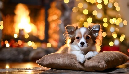 Cute little dog lying on a pillow in front of a fireplace in a cosy room