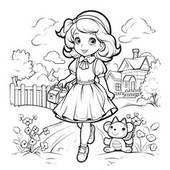 Cute little girl with a dog in the garden. Coloring book