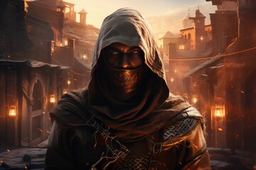 Stealthy Hooded warrior man. Arab city weapon. Generate Ai