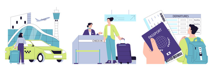 People in the airport set. Characters with a suitcase checking-in on a flight, at the security scanner and passport control. Passenger with baggage. Travel and tourism. Flat vector illustration