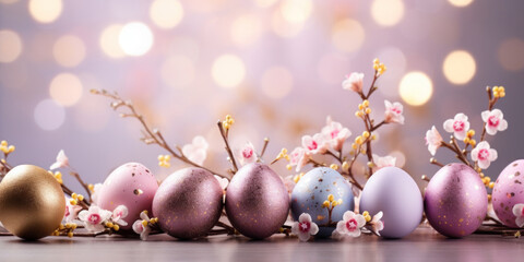A festive Easter celebration with decorated eggs, blossoms, and vibrant colors, creating a joyful atmosphere.