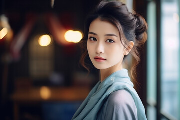 Obraz premium Stylish, attractive Asian lady with fresh, healthy skin, posing in a traditional dress.