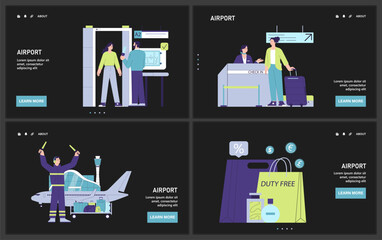 People in the airport dark or night mode web or landing set. Character checking-in on a flight, at the security scanner and passport control. Travel and tourism. Flat vector illustration
