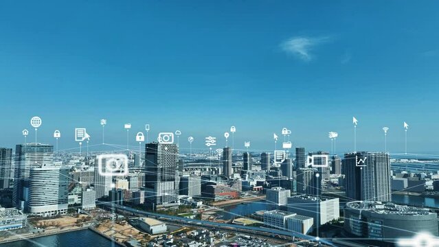 Modern city and communication network concept. IoT (Internet of Things). Smart city. Digital transformation.