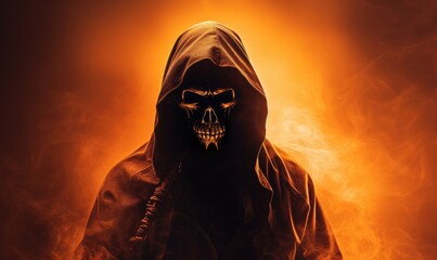 Mysterious hooded figure with a skull face surrounded by orange smoke on a dark background, concept of horror and fantasy.