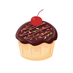 Cupcake with cherry vector illustration on white background. Chocolate cupcake sweet dessert.
