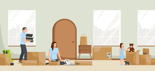 Cartoon flat interior removal, family moving wrapped furniture and installing in new house. Home relocating, apartment movement. Indoor property relocation. Vector illustration