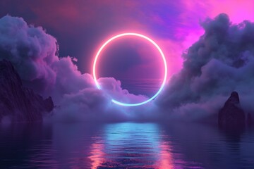 glowing ethereal neon circular geometric shape in clouds with water reflection - obrazy, fototapety, plakaty