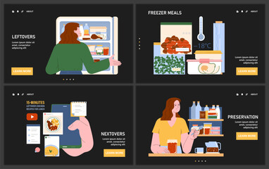 Fototapeta na wymiar Leftovers web or landing set. Sustainable repurpose of nextovers to reduce food waste. Correct meal storage, freezing and canning. Meal plan development and conscious consumption. Flat vector