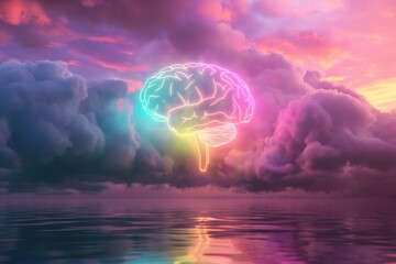 glowing ethereal neon brain cortex shape in clouds with water reflection