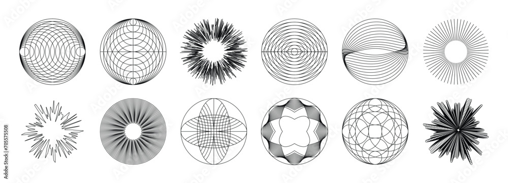 Aufkleber Vector minimal geometric illustrations set, futuristic digital trendy abstract aesthetic linear compositions, prints, frames and graphic design elements, y2k and brutalist style