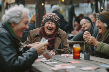 seniors holding cards, playing and laughing together - Powered by Adobe