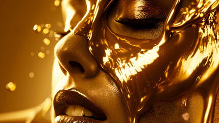 Fashion Concept. Closeup portrait of beautiful woman girl in golden flowing thick fluid gel paint