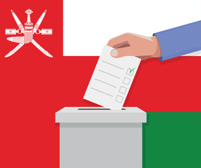 Oman election concept. Hand puts vote bulletin