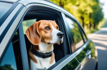 A dog of the Beagle breed sits in a car and looks out the window