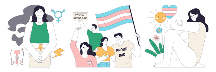Gender transition consequences set. Gender-affirming therapy, positive and negative experience. Transgender person mental health, legalization, infertility and discrimination. Flat vector illustration
