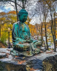 Serene Buddha Statue in Autumn Park