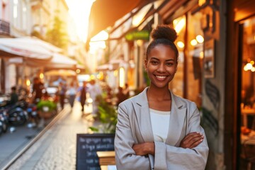 a young, happy, and pretty professional businesswoman. smiling face, radiating confidence and positivity. Capture the scene with her standing outdoors on a street, arms cross