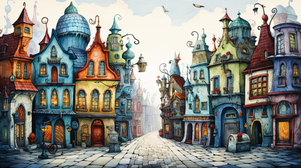 Multicolored art illustration of a fabulous city