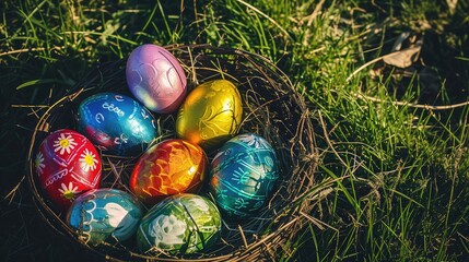 Easter eggs on a green meadow at dawn